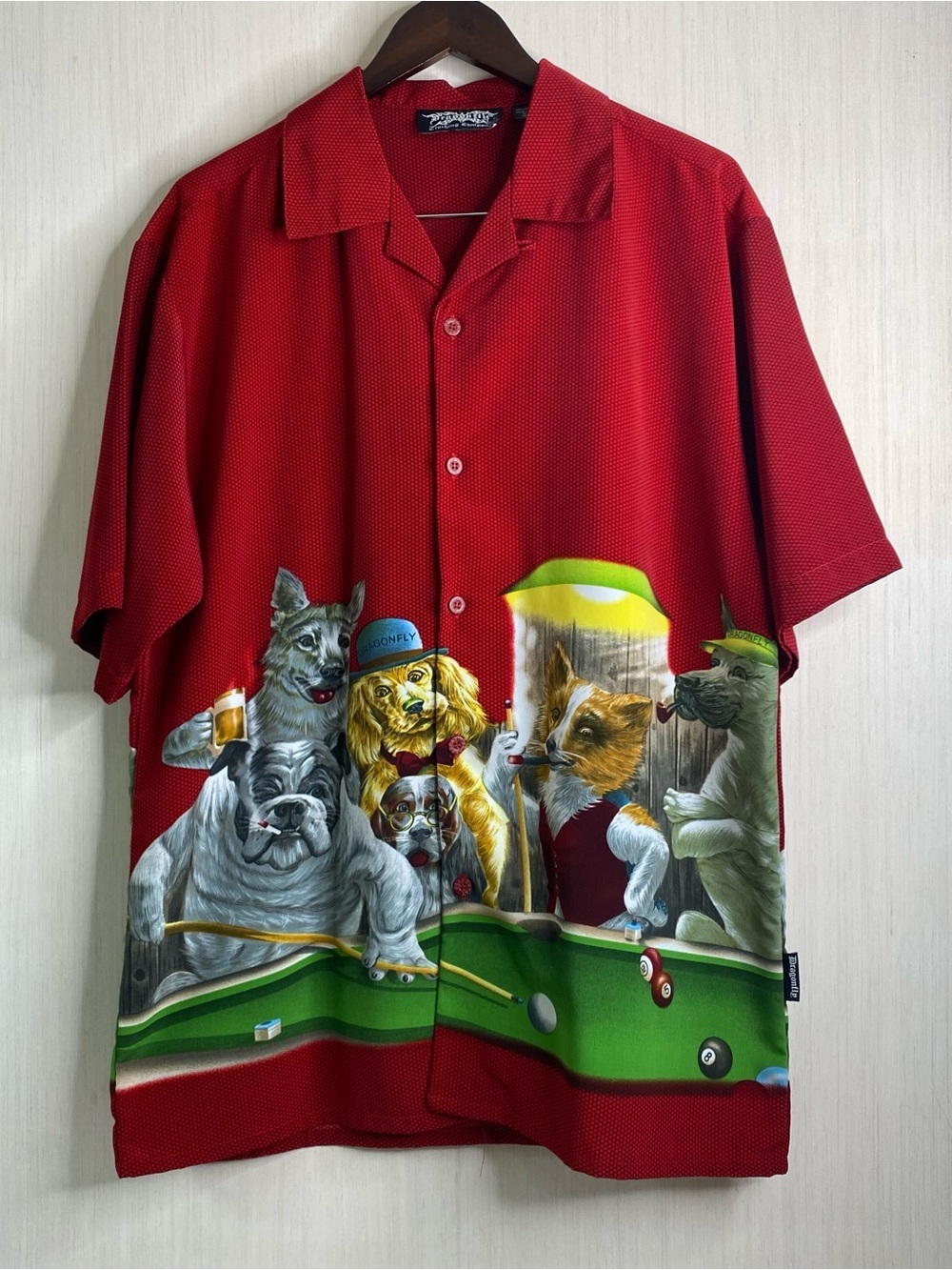 Vintage Dragonfly Men’s Red Button-Up Camp Shirt Dog Billiards Pool Y2K Large